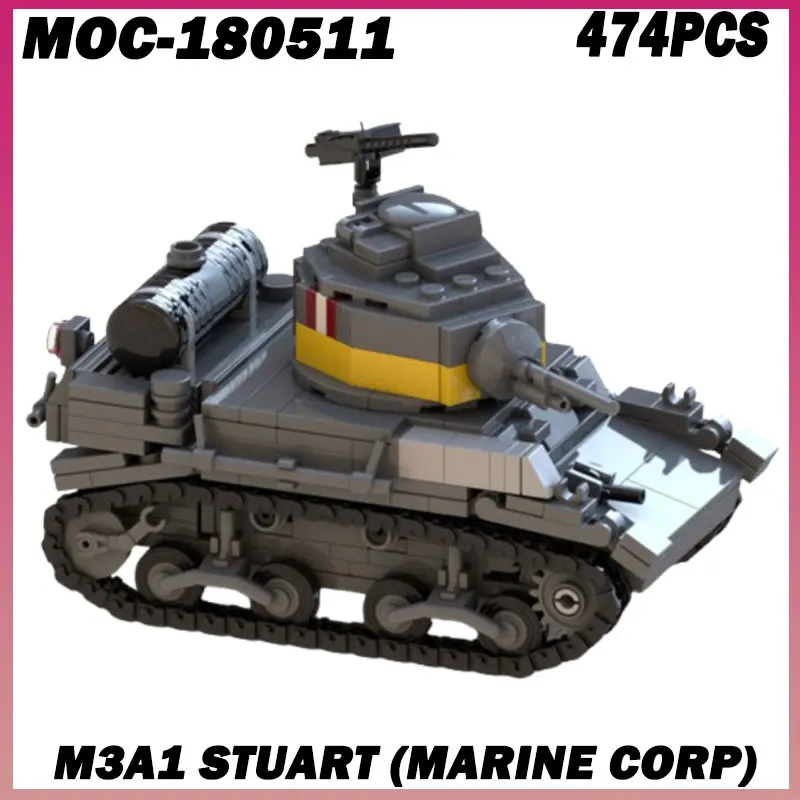 

474 шт. MOC- 180511 M3a1 Stuart (Marine Corp) 2024, новые строительные блоки, военное оружие Второй мировой войны M4A2E8 76, средний танк США, 1:35, мод «сделай сам»