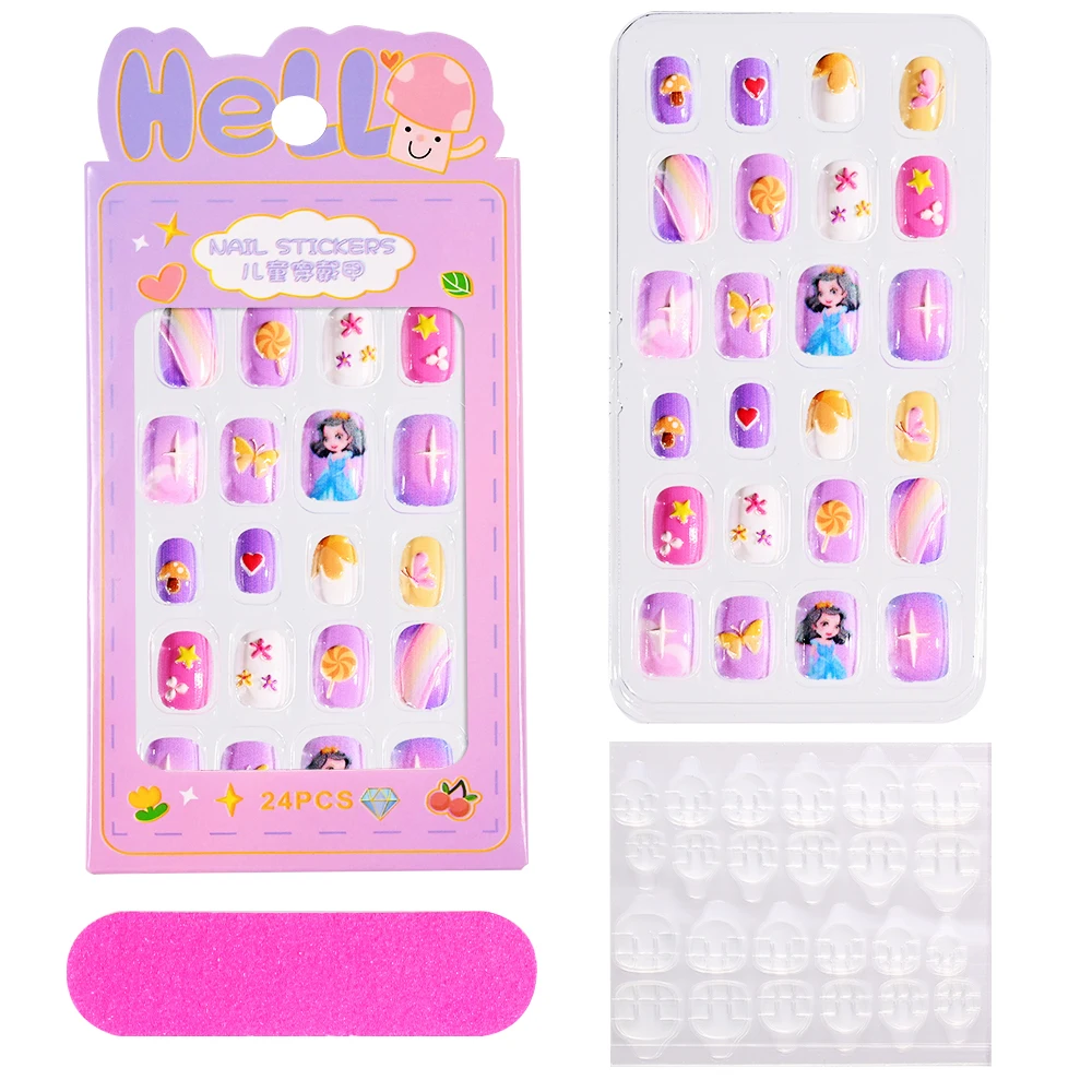 24 Pcs Press on Nails Grils - Candy Child Nail Tips Kids False Nail Cartoon Artificial Full Cover Short acrilico False Nail & Tool