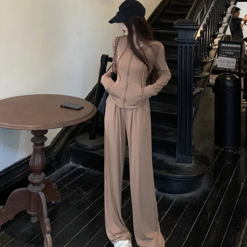 

Женский повседневный комплект из двух предметов для весны и лета: кардиган с длинным рукавом и капюшоном для защиты от солнца, широкие брюки, облегающий крой, модный дизайн