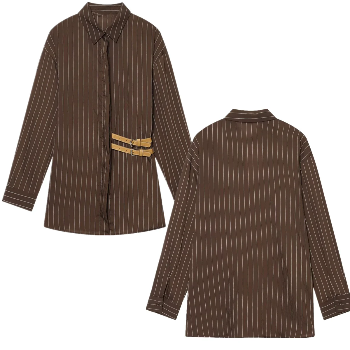 

Maxdutti French Minimalism Woman Clothing 2026 Spring Fashion ELegant Brown Striped Casual Blouses Women's Clothes Shirts Tops