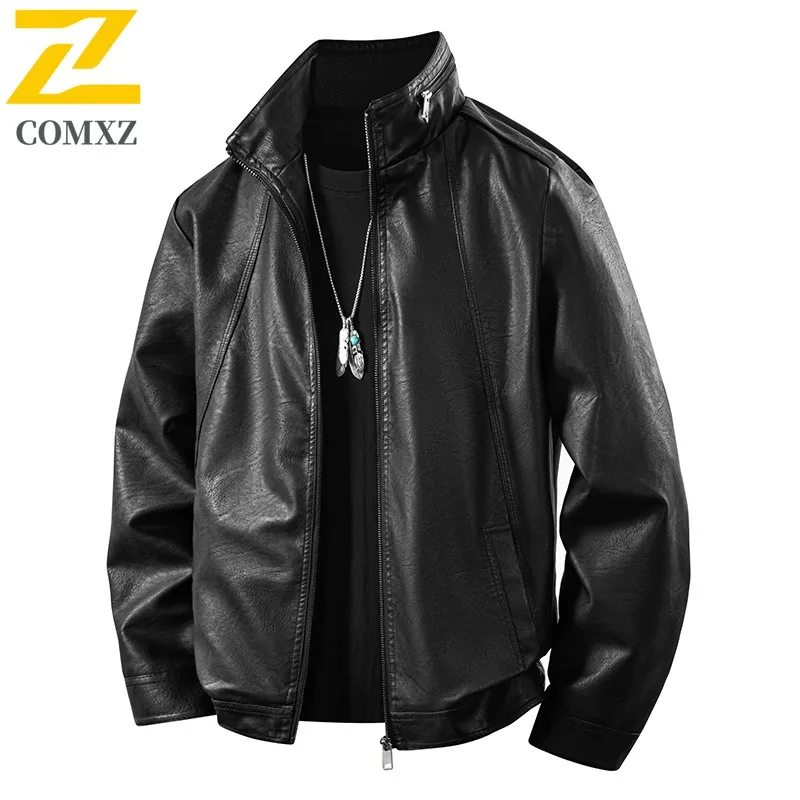 

COMXZ Men Outdoor Leather Jacket Premium Stand Collar Riding Comfort Motorcycle Jacket Street Style Lightweight Autumn Coats