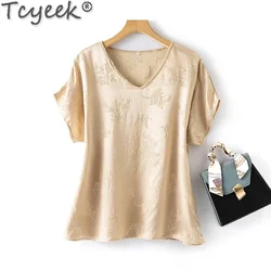 Tcyeek 100% Mulberry Silk T-shirts for Women Summer Clothes Elegant Women's T-shirt Womens Tops 2024 Casual Top Топ Женский