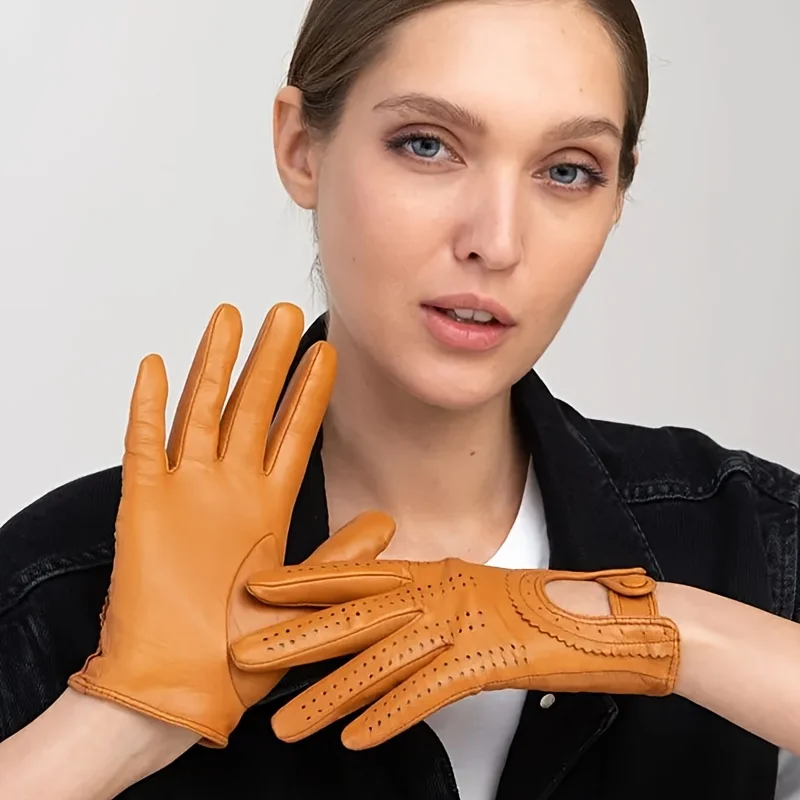 1 Pair Top Layer Sheepskin Gloves Women'S Warm Breathable Perforated Outdoor Riding Sports Single Layer
