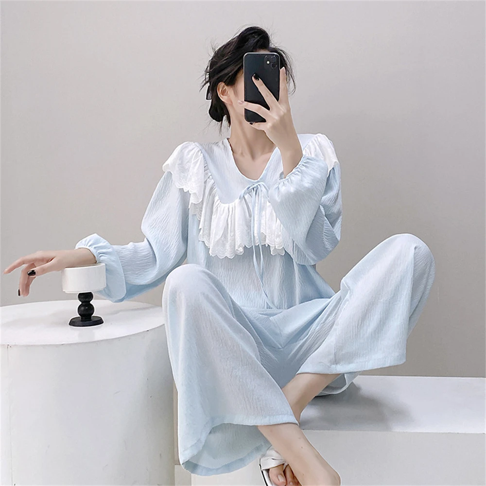 

French Bowknot Pajamas Women's Spring Summer Loose Large Size Fairy Long-sleeved Trousers Two-piece Suit Sleepwear Homewear Gift