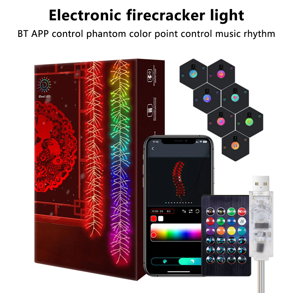 Smart LED RGB Ceiling Firecracker Chandelier Waterproof Home Decor String Light DIY Display Music Rhythm Bluetooth APP Control