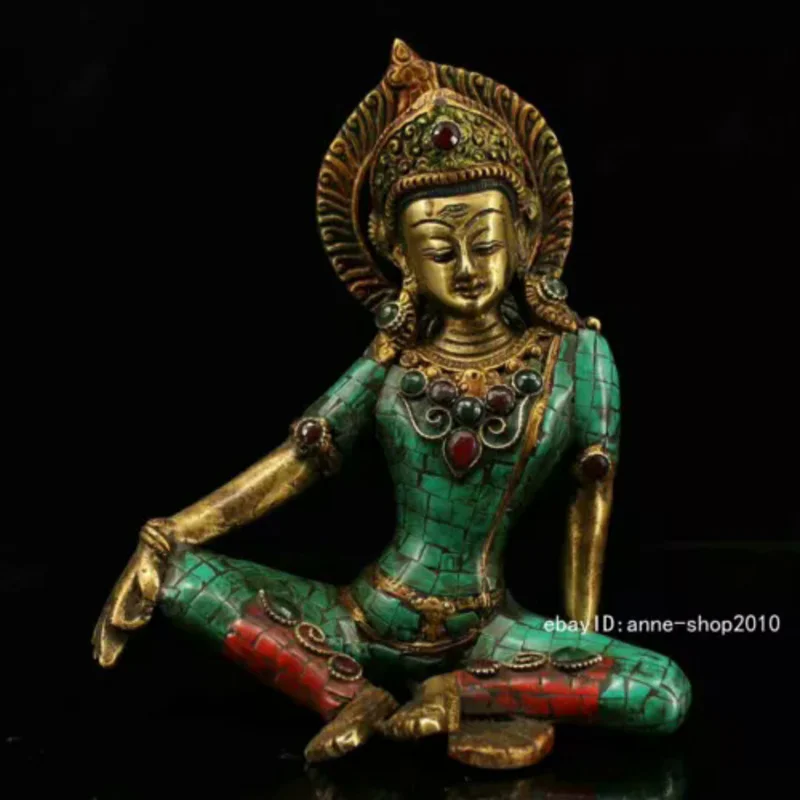 

19cm Tibetan Brass Bronze inlay Turquoise Green Tara Kwan-Yin Buddha Statue