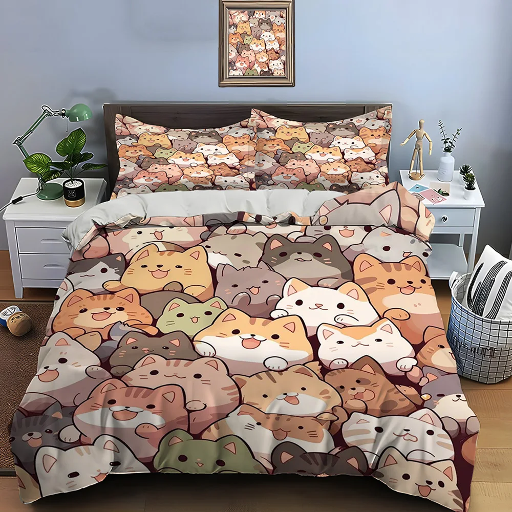 Cute Cartoon Cats Print Bedding Set Duvet Cover 1 Duvet Cover 2 Pillowcases Adult and Children Bedding Set Luxury Comforter Set