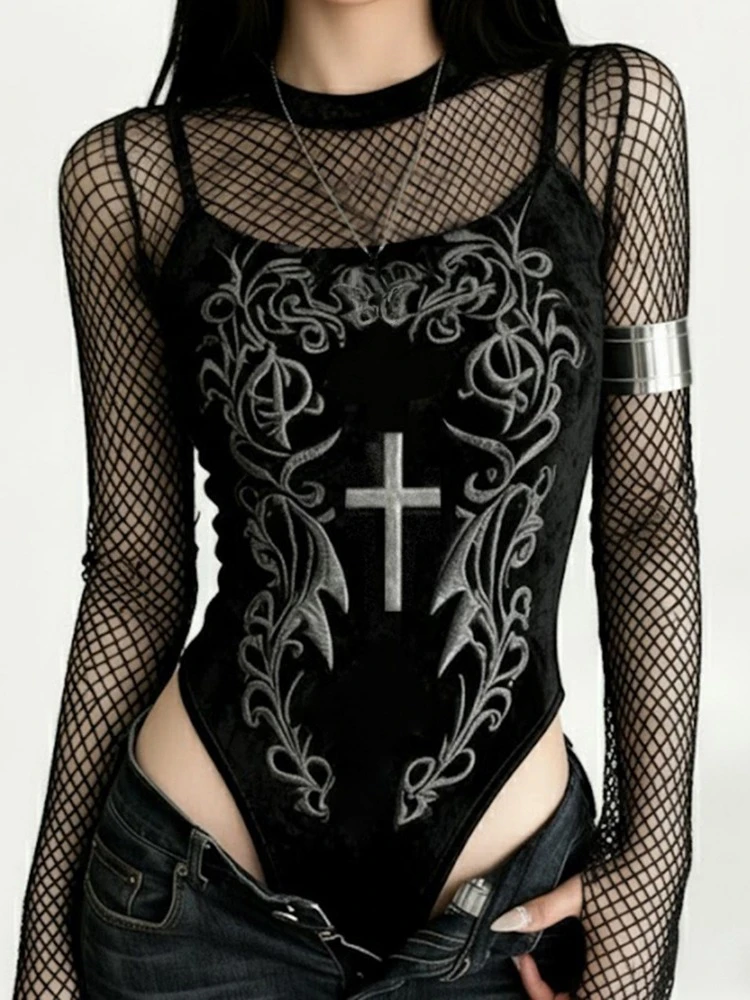 2025 Harajuku Fake Two Pieces Sexy Jumpsuits Y2k Aesthetic Hollow Out Mesh Patchwork Tshirts Women Velvet Embroidery Grunge Tops