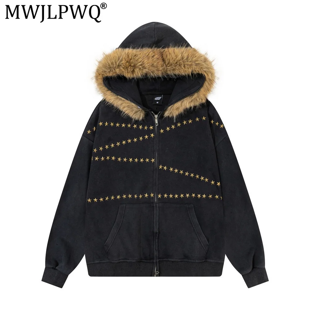 MWJLPWQ Men's Hooded Sweatshirt Jacket Fur Collar Trendy Punk Style Autumn Winter Unique Metal Star Decorate Design Tops 21105
