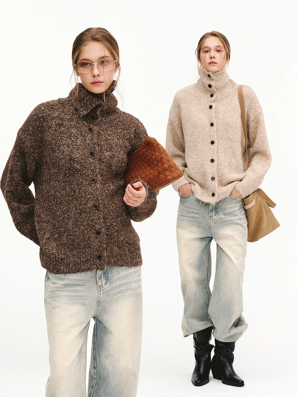 

HoydenPark Autumn Winter High Ne Warm Knitted Sweater Cardigan Oaeal Women's New Arrival Vintage Loose Fit Long Sve