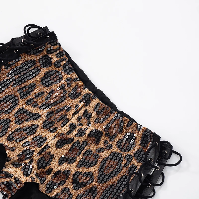 CUTENOVA Leopard Print Hollow Out Cross Tie Rope Low Waist Exposed Navel Sequins Casual Shorts Women'S Summer New Sexy Shorts