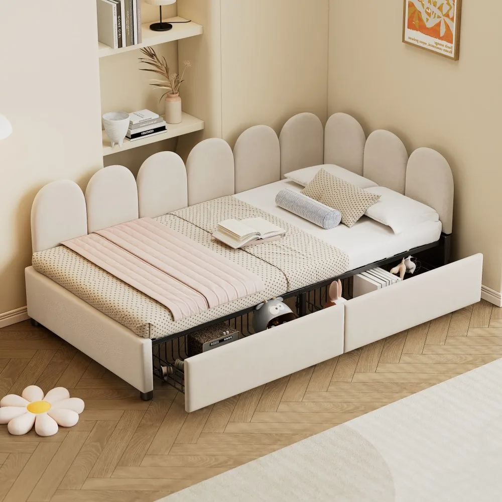 Twin Size Upholstered Daybed with 2 Drawers, Velvet Sofabed with Soft Fabric Headboard, No Box-spring Needed