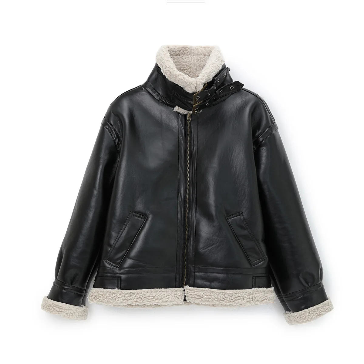 

One-piece fur coat for men and women new winter deer skin velvet motorcycle outfit with PU thick lamb fur jacket US size