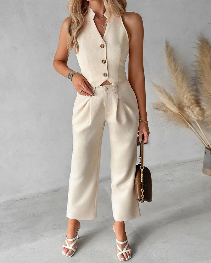 Elegant Women's Two Piece 2024 Summer Casual Women's V-neck Button Tank Top Straight Tube Trouser Commuter Formal Pants Set