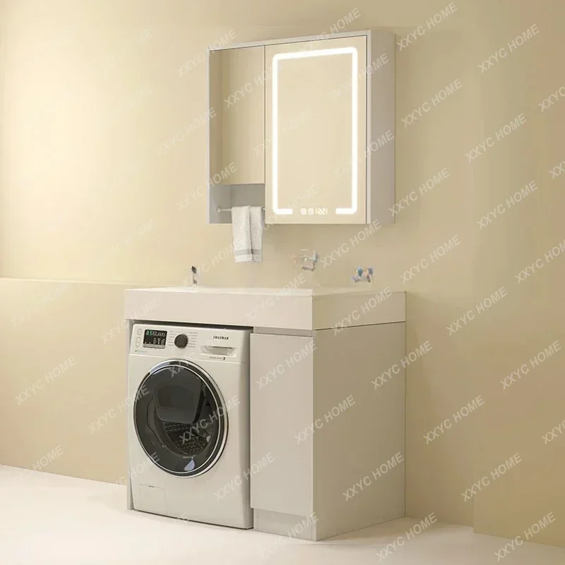 

Тумба для ванной из орехового дерева, цельный шкаф для стиральной машины, комбинированная цельная раковина из каменной плиты, шкаф для прачечной.