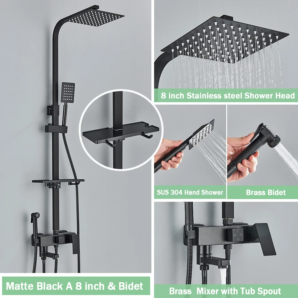 Regenval Badkamer Douchekraan Kit Met Bidet Wandmontage Roestvrij Staal Warm Koud Water Mengkraan Systeem Met Rek, Baduitloop