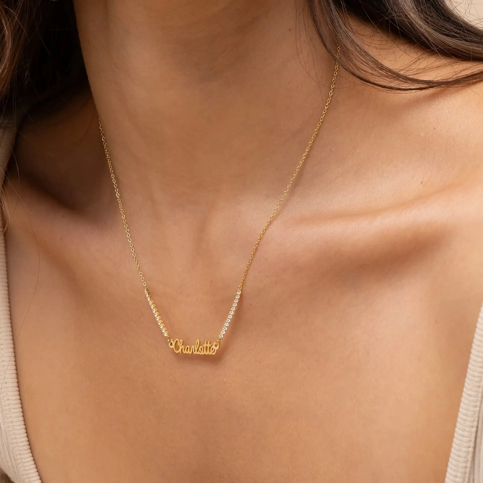 

Custom Tennis Name Necklace in 18K Gold Vermeil Personalized Stainless steel Luxury Jewelry Name Necklace Gift for Girlfriend