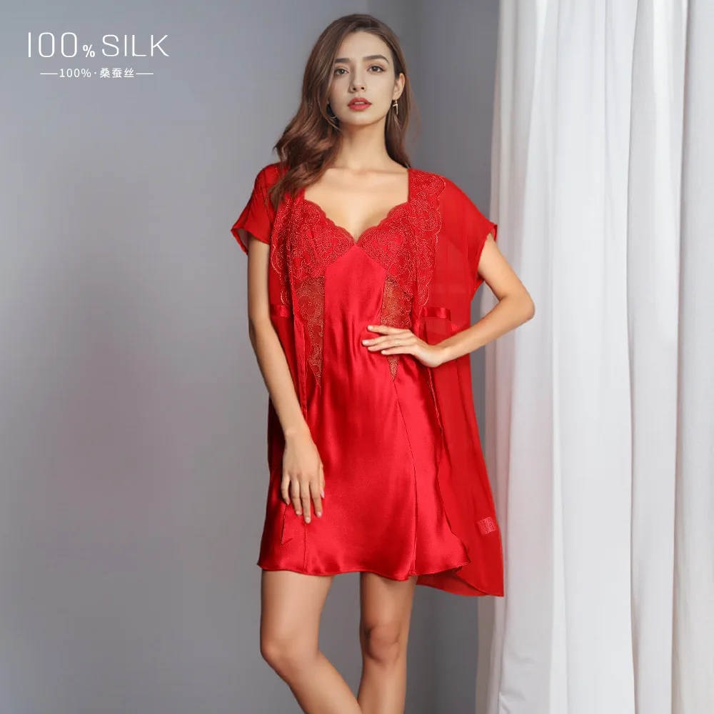 High Quality 2024 Spring and Summer Real Silk Pajamas Sexy Style 100% Nightdress Red Nightgown Bridal Gown