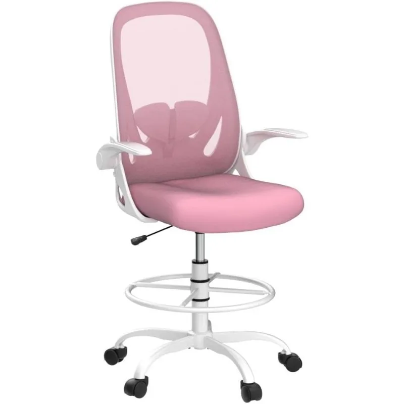 Drafting Chair Tall Office Chair with Flip-up Armrests Executive Ergonomic Computer Standing Desk Chair with Lumbar (Pink)