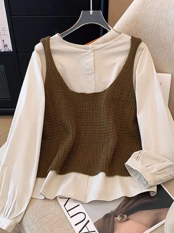 

Loose Knitted Vest Set Women's Shirt Spring Autumn 2026 New Lazy Style Lantern Sleeve Two-Piece Suit Casual Comfortable Breat...