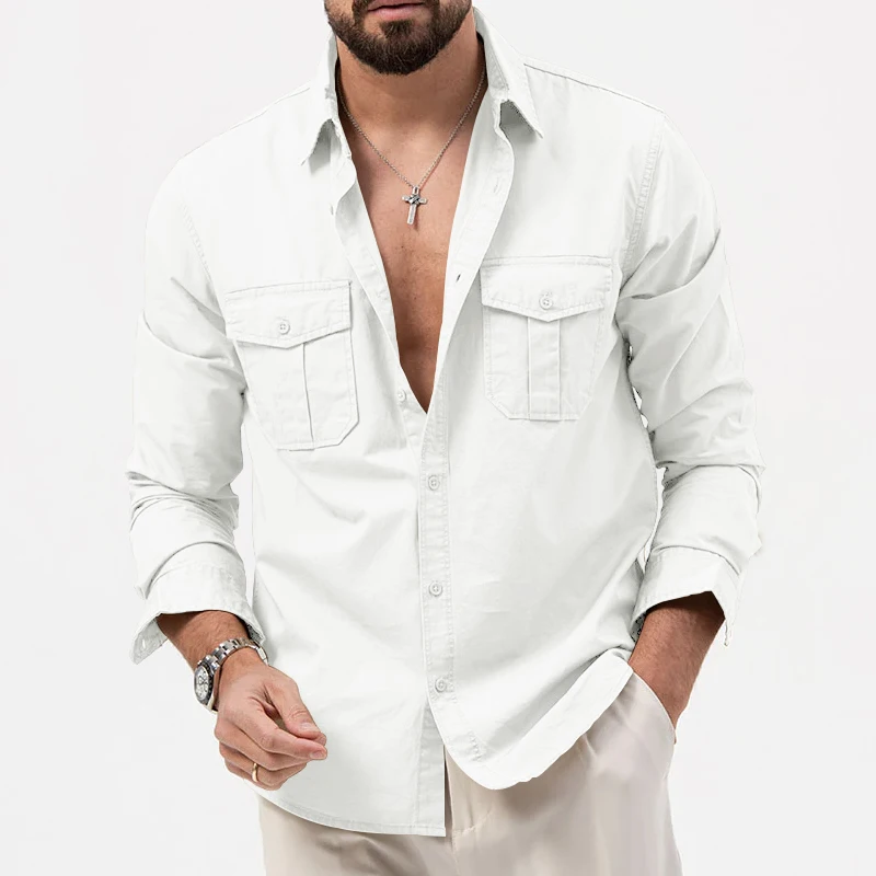 Camisa de estilo americano para hombre, ropa Cargo con múltiples bolsillos, manga larga, solapa, primavera y verano, novedad de 2024