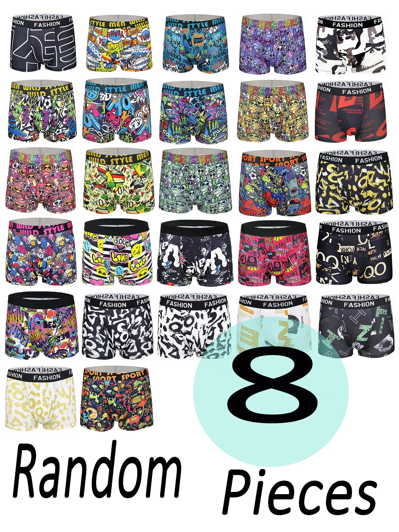 

Men's 8-Pack Polyester Boxer Briefs - Random Graffiti & Pop Art Pattern Assortment Waistband Underwear Set