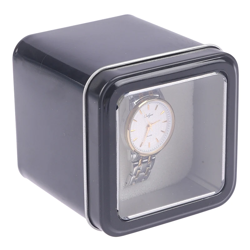 (BF06) Boîte de rangement carrée noire de 8 cm pour montres, présentoir en fer blanc, boîte à bijoux scellée en métal, étui de présentation avec coussin