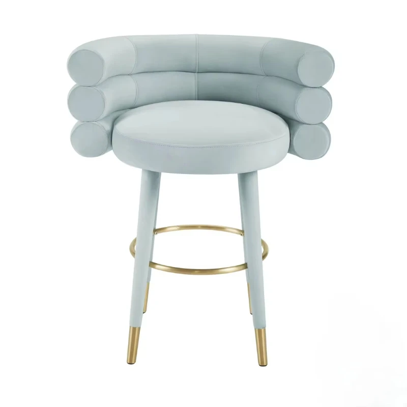 

Light blue velvet bar stool with gold metal hoop footstool for a comfortable tufted back