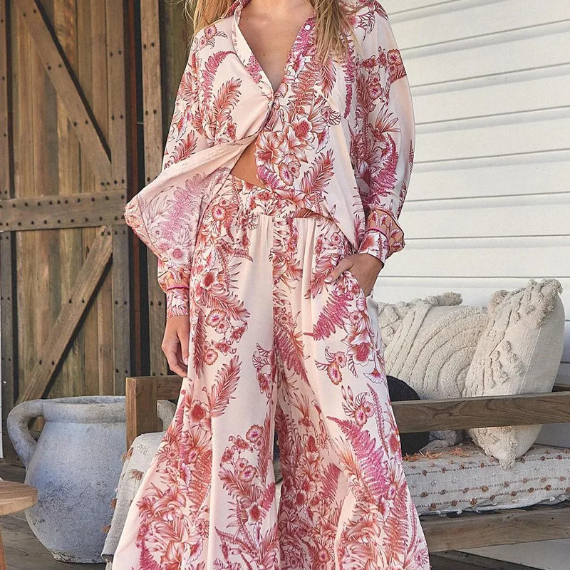 BAMBOOBOY Spring Long-Sleeved Button Shirt + Wide Leg Pants Outfit Women Fashion Floral Print Set Summer Casual Two Pieces Suit