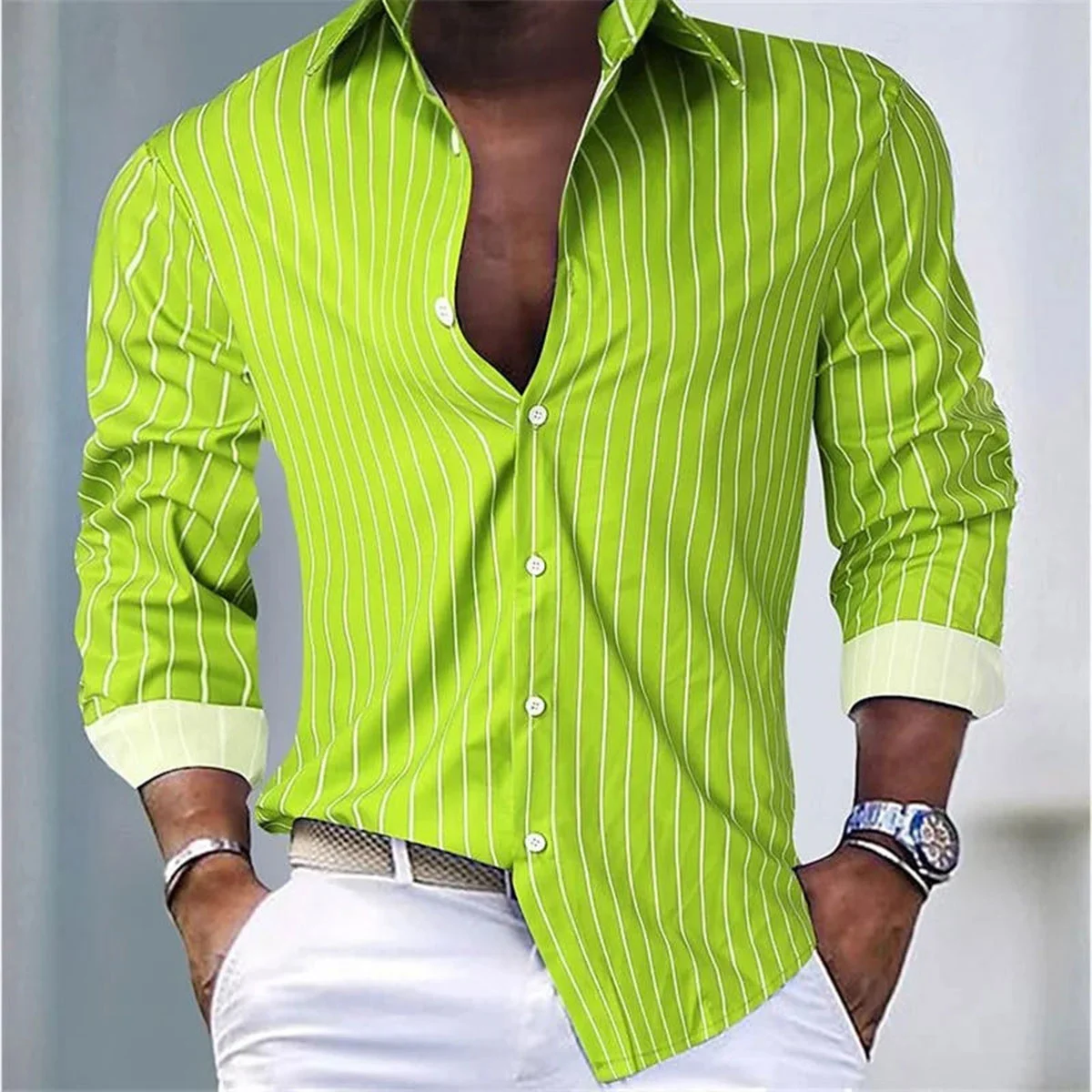 Men\'s Fashion Loose Striped Shirt 16 Colors Shirt Casual Breathable Lapel Button Long Sleeve Shirt Top Comfortable Soft Fabric