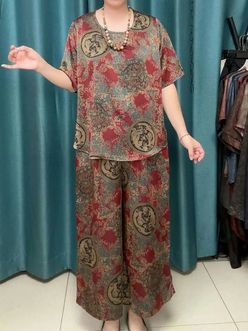 

Лето 2024, свободный топ с принтом ор Све и широкие брюки, комплект из двух предметов, женская повседневная одежда в этническом стиле