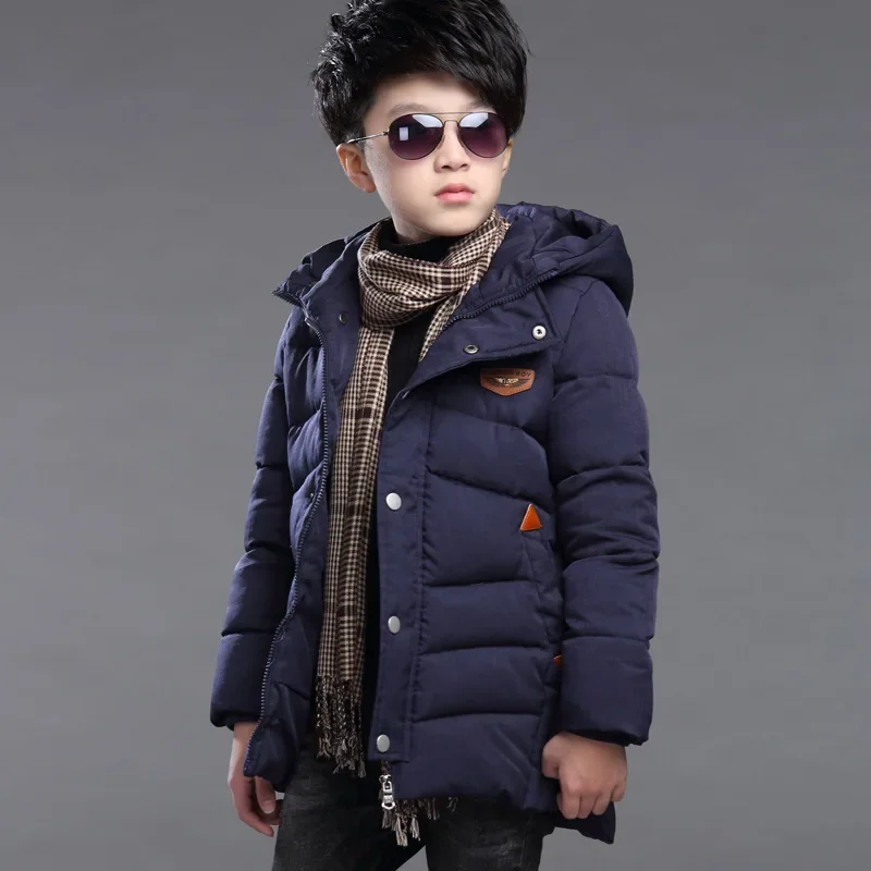 2024 New Winter Keep Warm Teenage Boys Jacket 3-14 Years Long Slim Fit Fashion Hooded Coat For Kids Children Outdoor Windbreaker