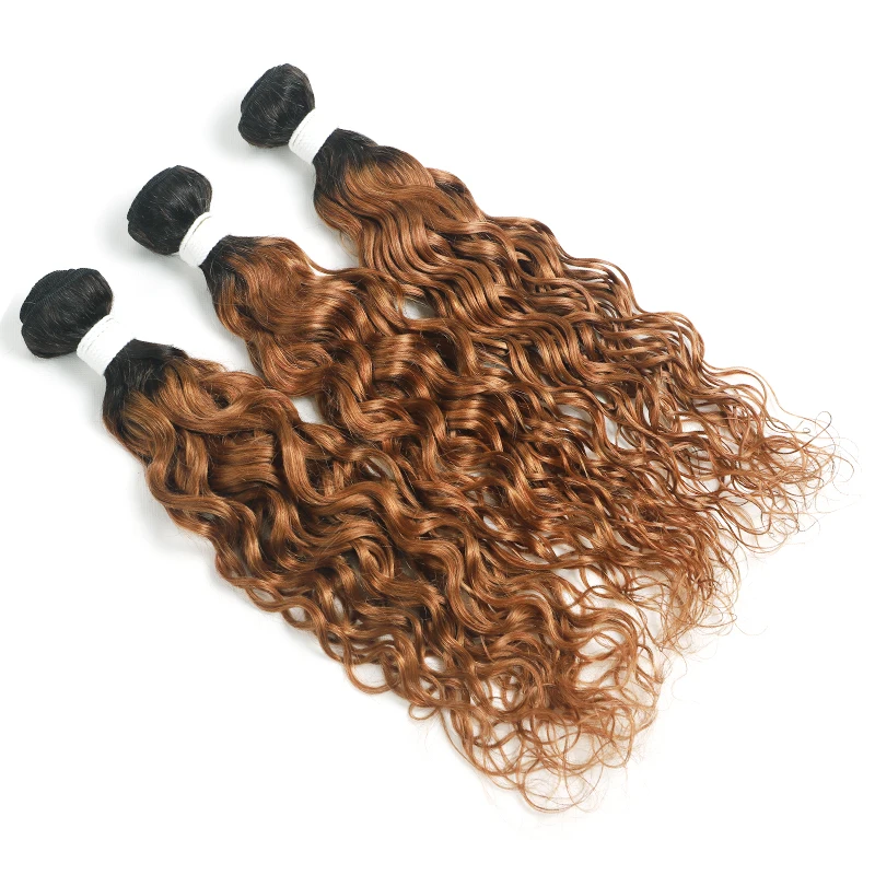 Bundel Ombre Coklat Pirang dengan Gelombang Air Brasil Depan 3 Bundel dengan Penutup 13X4 SOKU Bundel Jalinan Rambut Manusia Remy