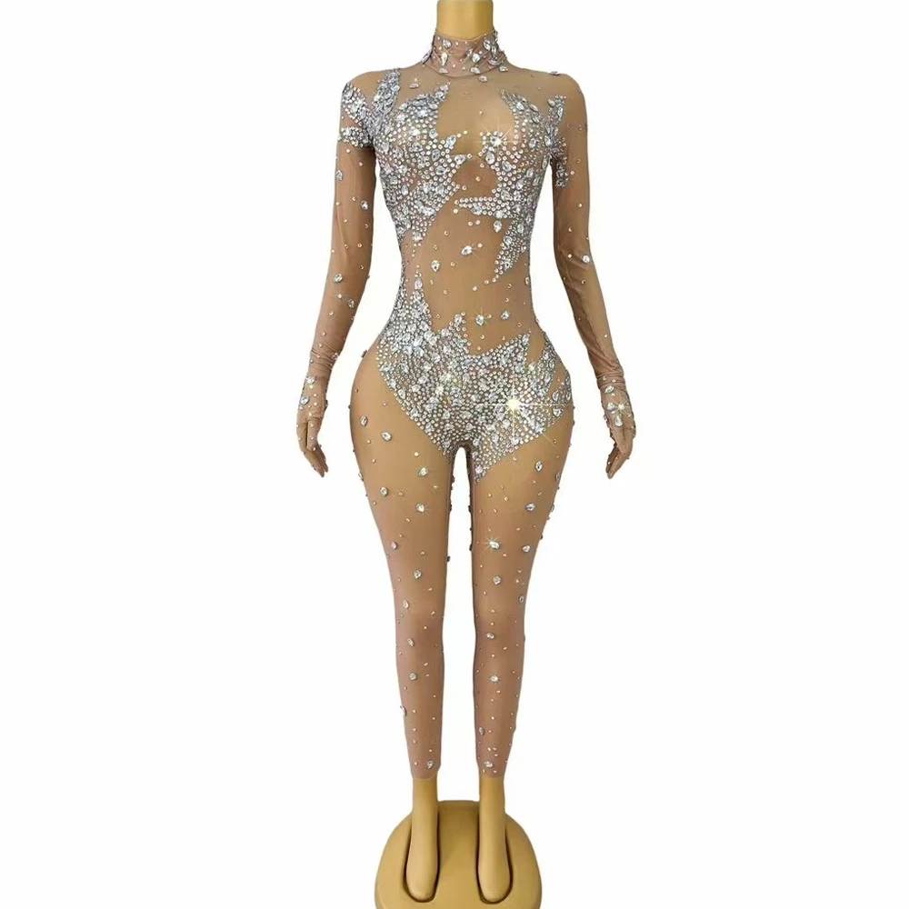

Luxury Sparkly Rhinestones Jumpsuit Sexy Nude Mesh Long Sleeves Glove Jumpsuit Dance Show Birthday Performance Photoshoot Outfit