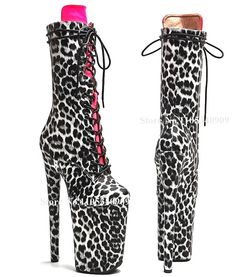 Bondarenko Sexy Leopard Pattern Leather Thin Heel Short Boots Round Toe Lace-up High Platform 20cm Thin Heel Stage Dance Shoes