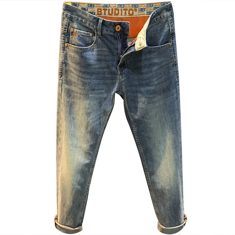 Calça jeans fina respirável masculina, estampada na moda, casual high-end tapado, bordado azul, calça estica fina, verão