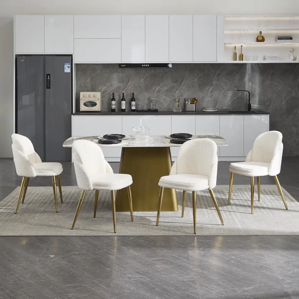 Boucle Dining Chairs Set of 4, Accent Armless Chair Modern Upholstered Kitchen Chairs with Golden Metal Legs for, Customized