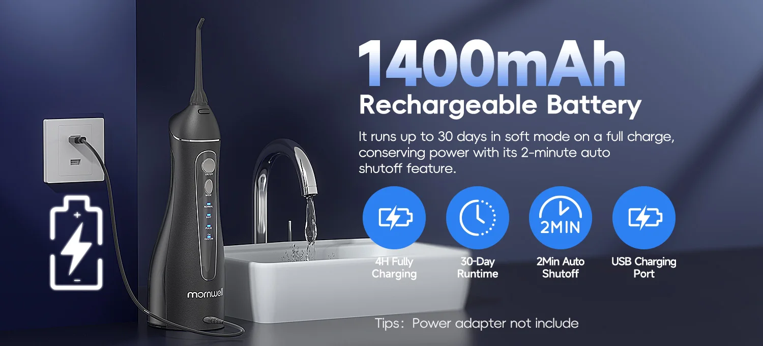 Kabelloser Wasserflosser für Zähne F18, 4 Druckstufen, 8 Düsenaufsätze, IPX7 Wasserdicht, USB-Aufladbarer Akku für Tiefenreinigung – Detail 4