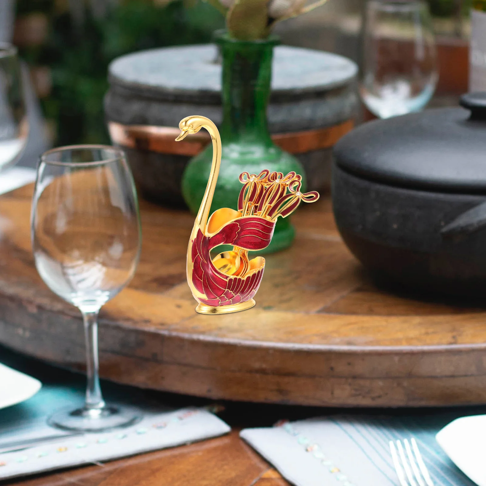 

1Set Sweet Dessert Scoop Set Alloy Spoon and Holder Swan Base Mini Spoons for Pudding Fruit Salad Condiments Coffee Stirring