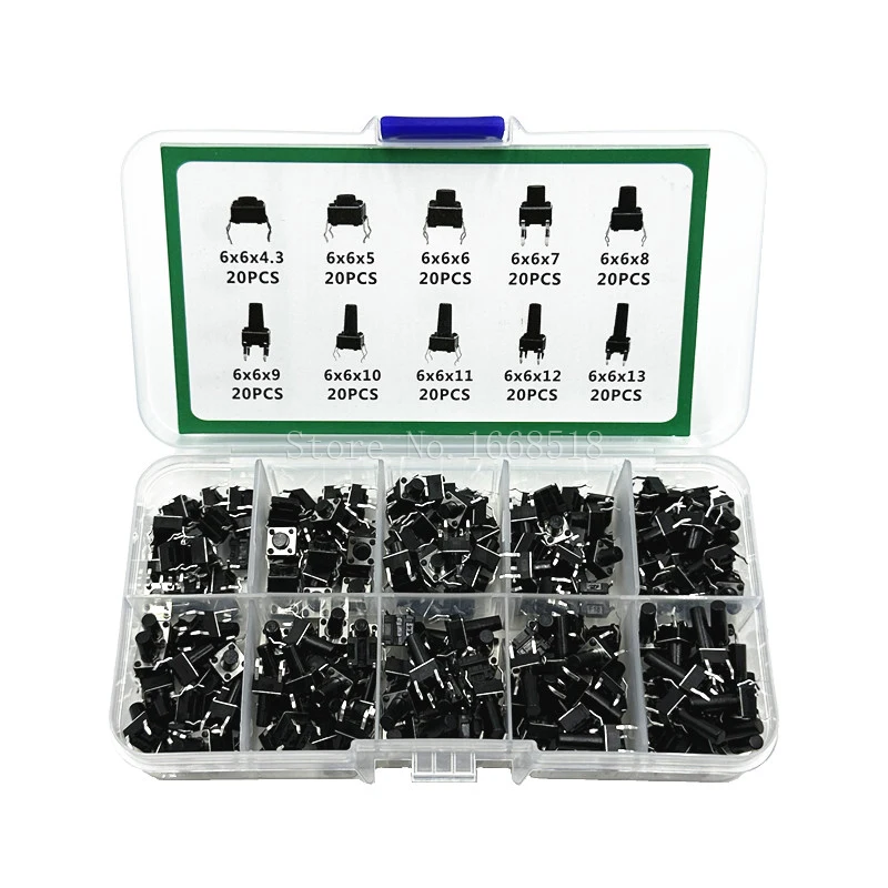 10 valeur = 200 pièces/ensemble interrupteur Tactile bouton poussoir Kit de commutation hauteur 6*6*4.3MM ~ 13MM DIP 4P Micro interrupteur clé 6X6