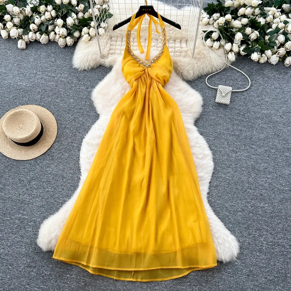 Sexy Neckholder ärmellos Strass Vintage koreanische Mode Abend A-Linie Kleid Zeremonie Kleider Damenbekleidung