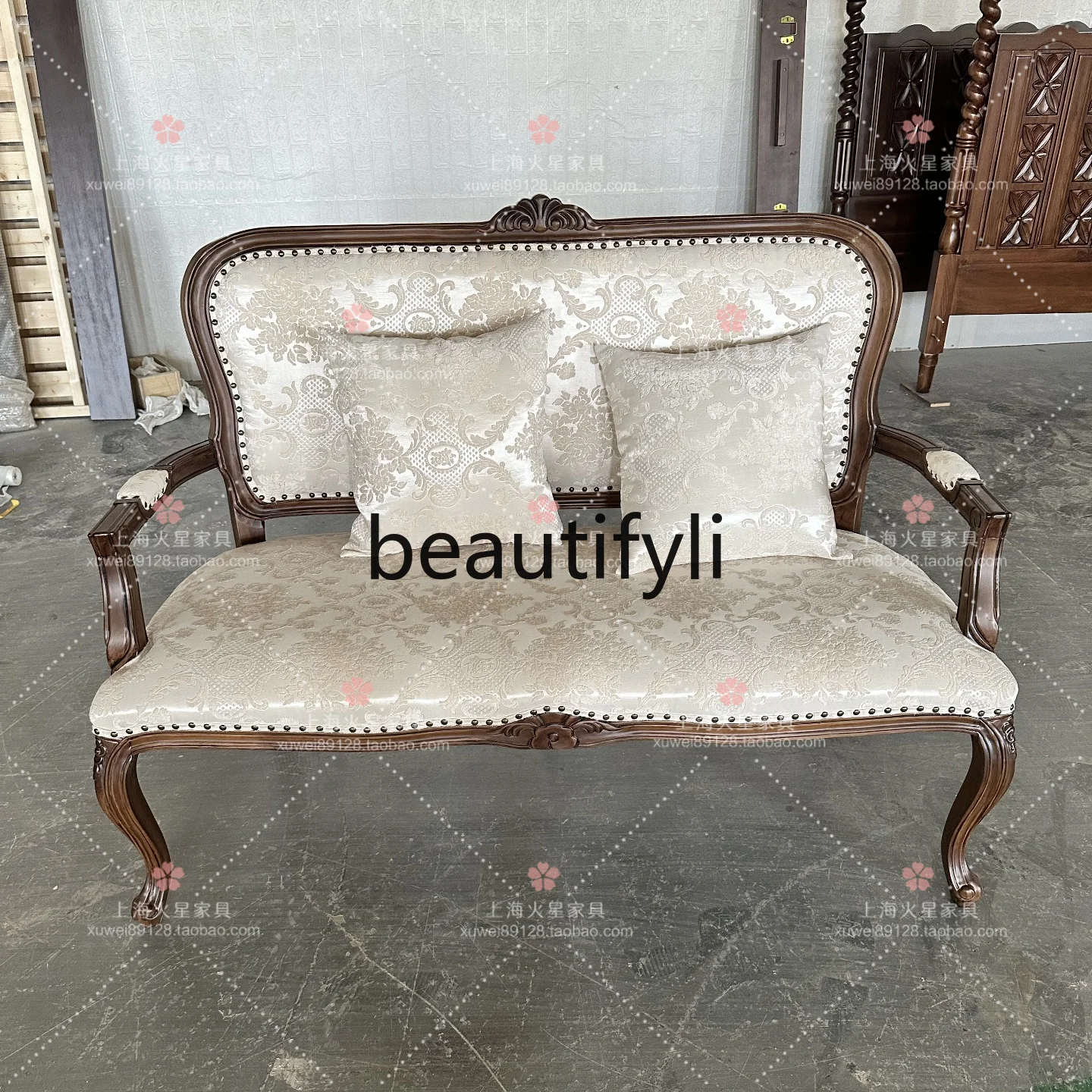 

French antique style solid wood carving flower double sofa retro fabric reception leisure chair
