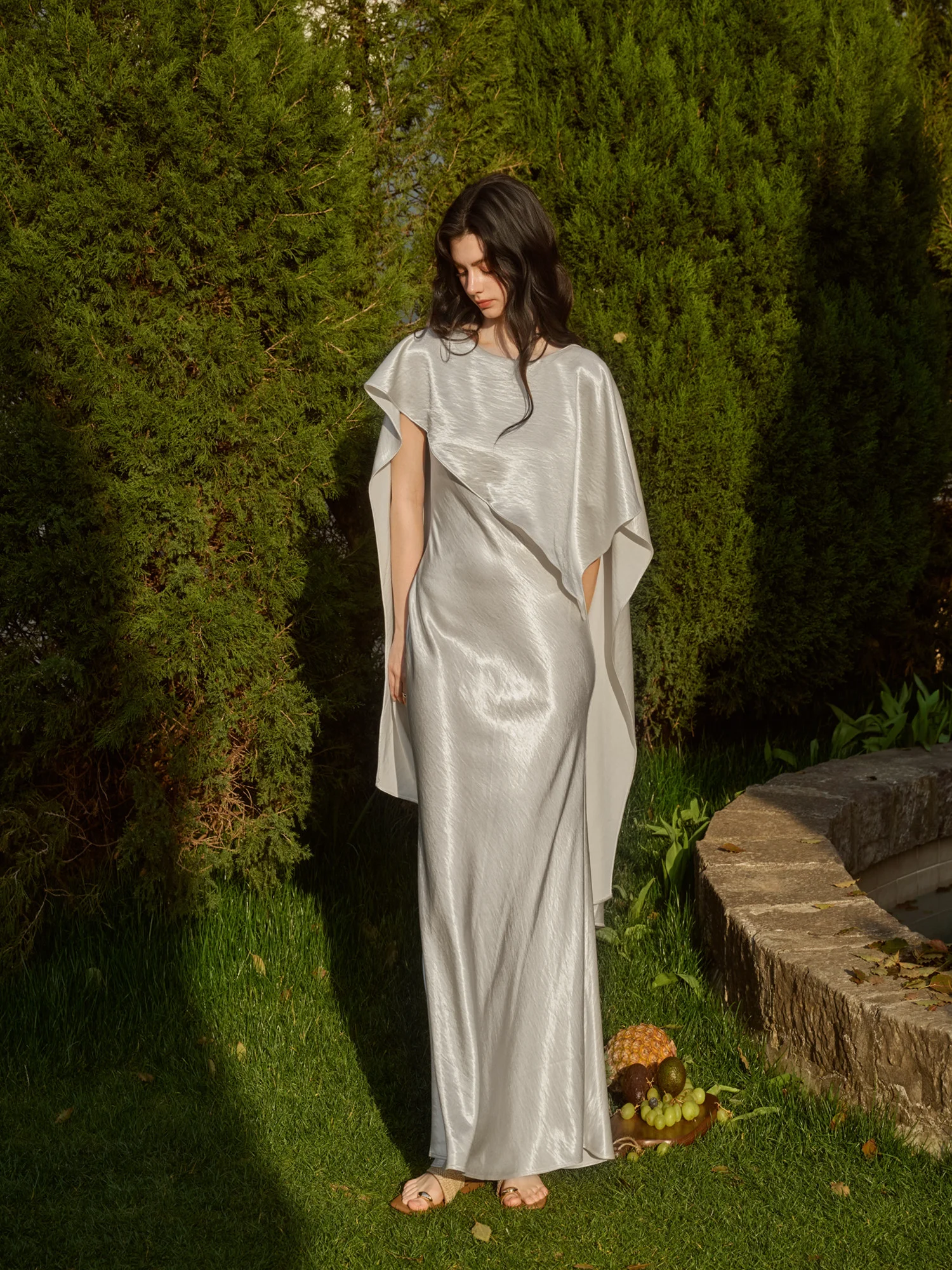 Reve Haute Couture Acetate Satin Wave Patterned Skirt Dress with Scarf Neck Design Heavy Embroidery A-Line Silhouette V-Neck ...