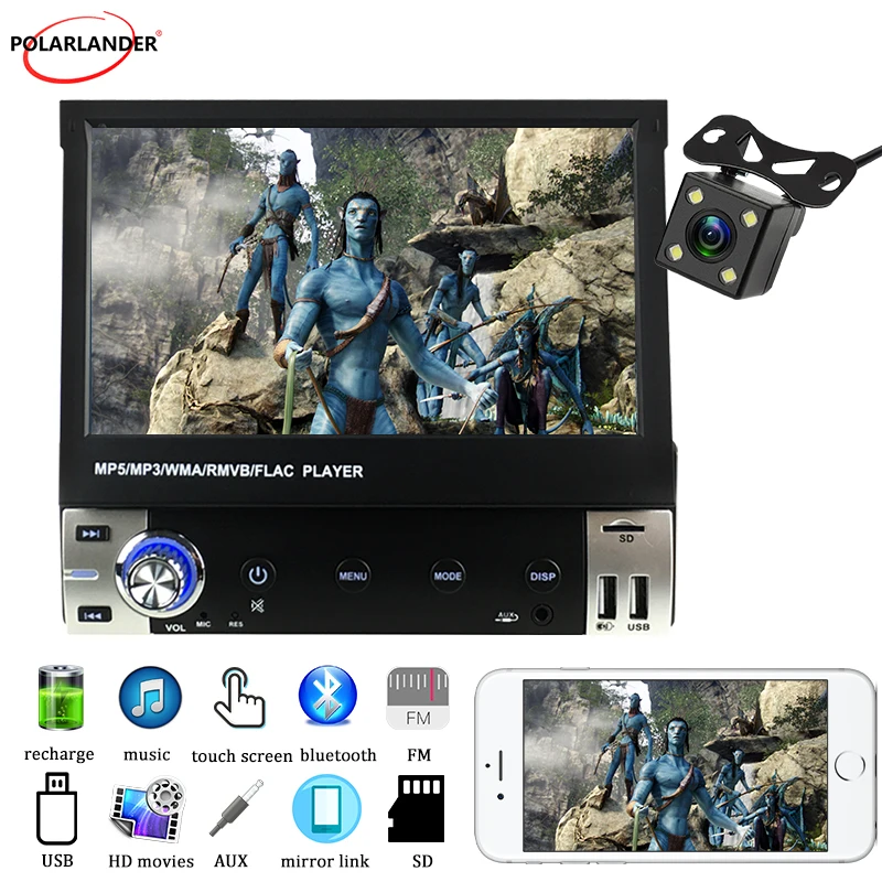 1 Din 7 Inch Car Radio MP5 Bluetooth  Manual Retractable Screen  Mobile Phone Interconnection 12V Full Touch Car Audio Video