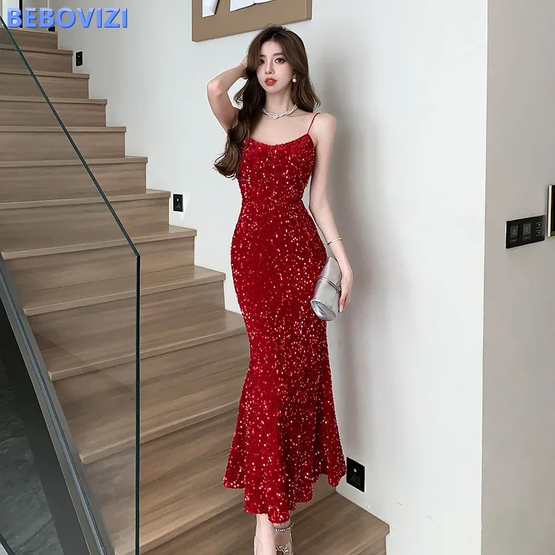 

New Design Sense Red Sequined Fishtail Dress Sexy Sleeveless Slim Skinny Summer Birthday Dress for Women