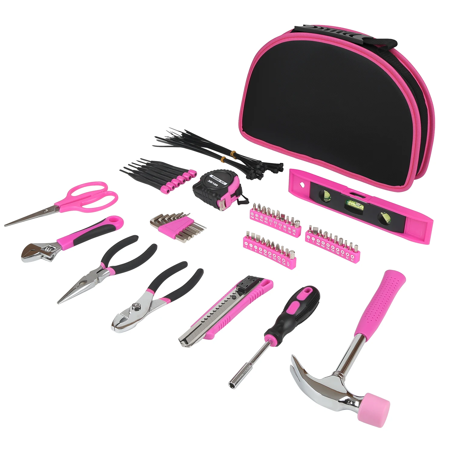 

Розовый набор инструментов, 69 предметов, женский набор ручных инструментов с удобной переносной круглой сумкой, набор бытовых инструментов для домашнего обслуживания своими руками