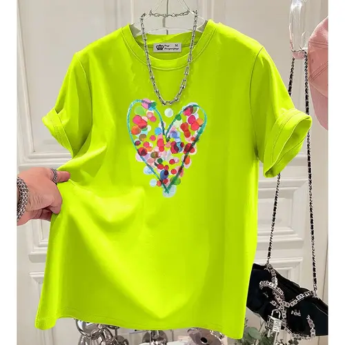 Camisetas con estampado de lunares pintadas a mano para mujer, Top de manga corta de algodón puro con cuello redondo, Jersey suelto informal, moda de verano