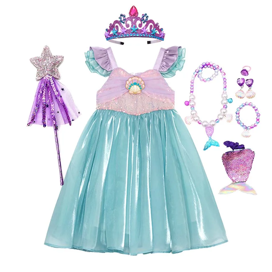 Kids Little Mermaid Summer Girls Casual Dress Ariel Princess Dress Cute Birthday Party Costume Kids Dress