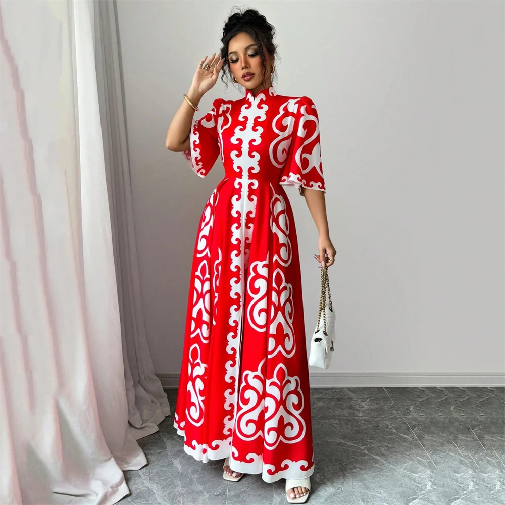 

Вечерние платья с принтом в стиле ретро, женское длинное платье с коротким рукавом и разрезом спереди, воротник-стойка, свободное платье макси с подолом