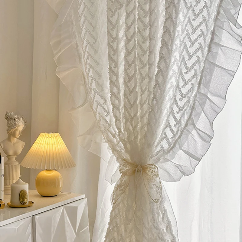 

French White Lace Ruffle Curtains Wavy Three-dimensional Jacquard Curtain for Living room, Bedroom Light Filtering, Thick Gauze
